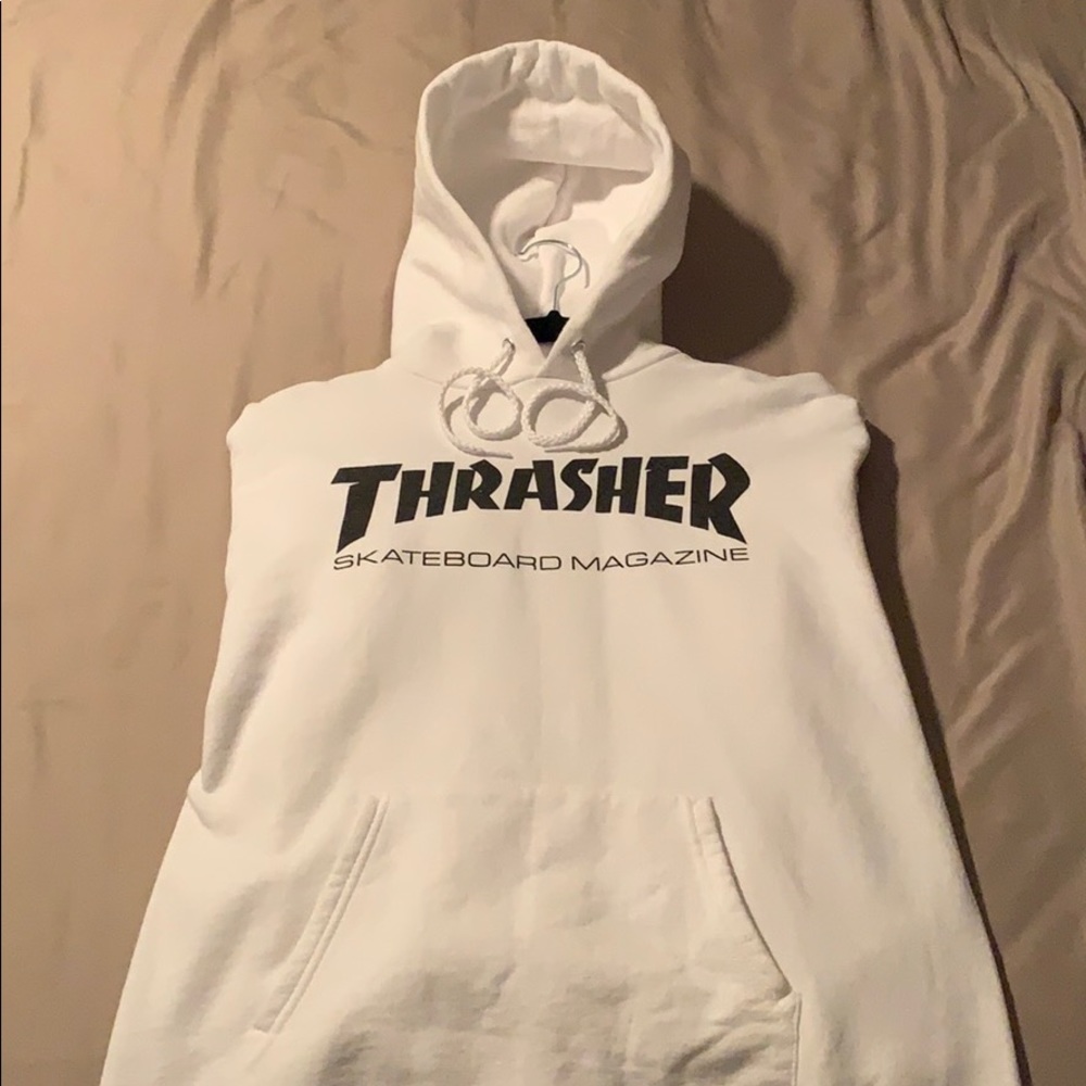 Premium White Thrasher Magazine Hoodie.